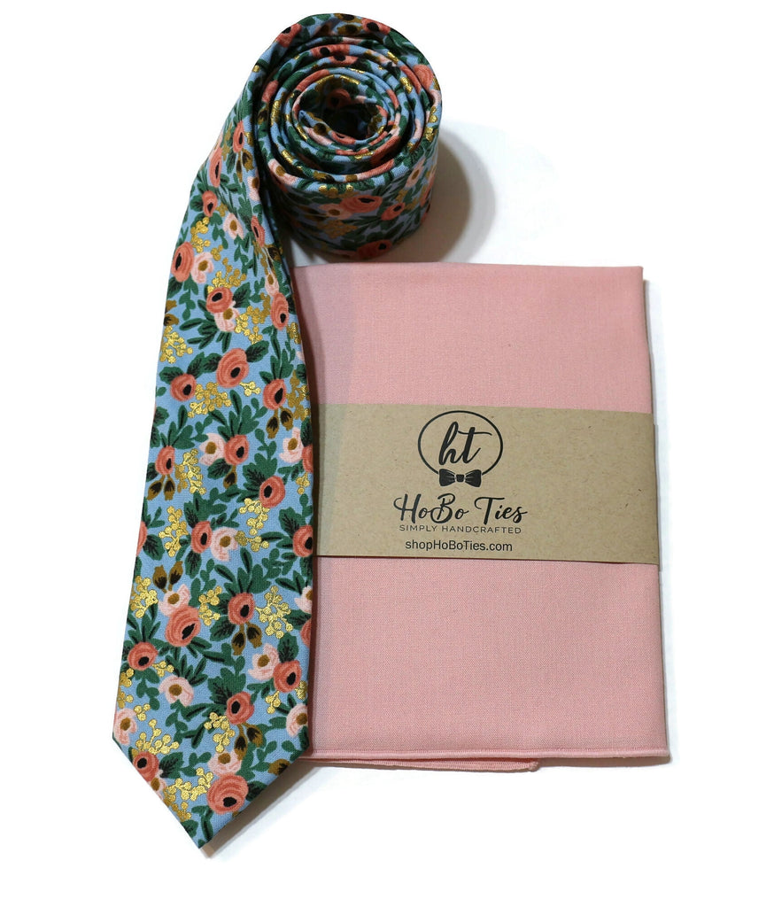 Chambray Metallic Rosa Floral Necktie with matching pink pocket square, perfect for weddings and formal wear accessories men.