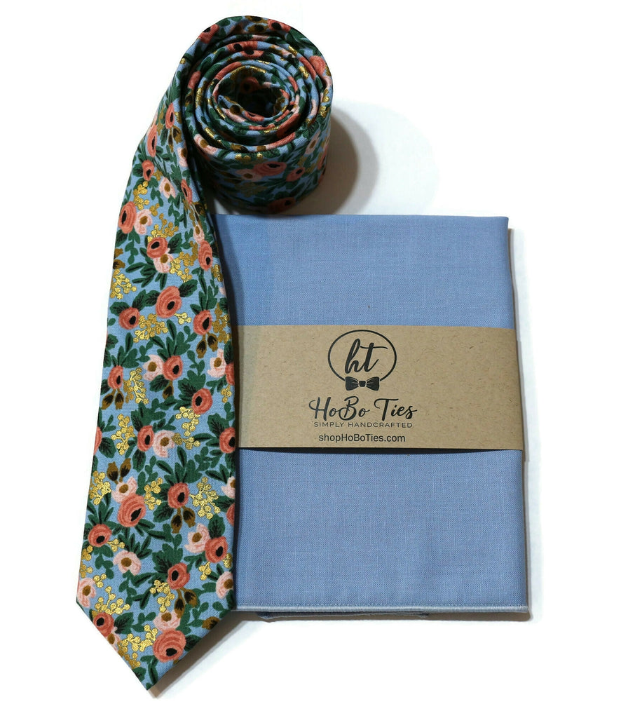 Chambray Metallic Rosa Floral Necktie with matching pocket square, handcrafted neckties for men and boys.