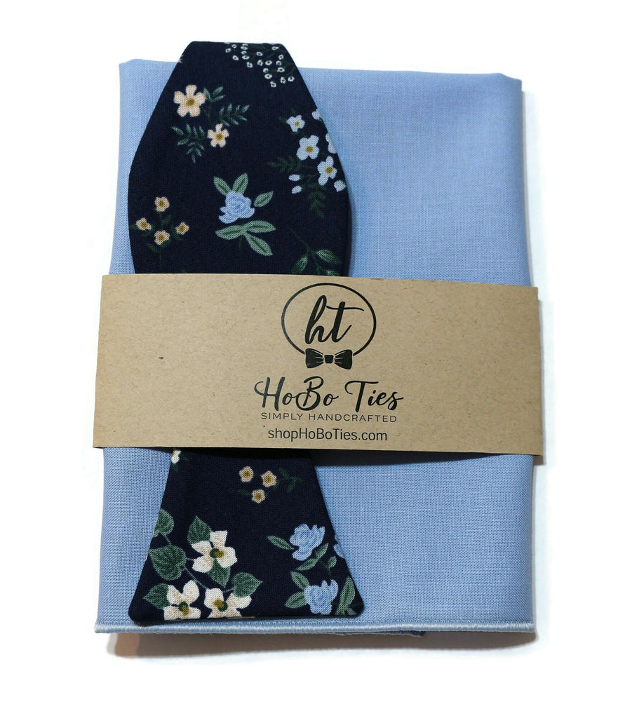 Navy Hawthorne Floral Bow Tie with matching pocket square, perfect for weddings and formal wear, handcrafted accessories.