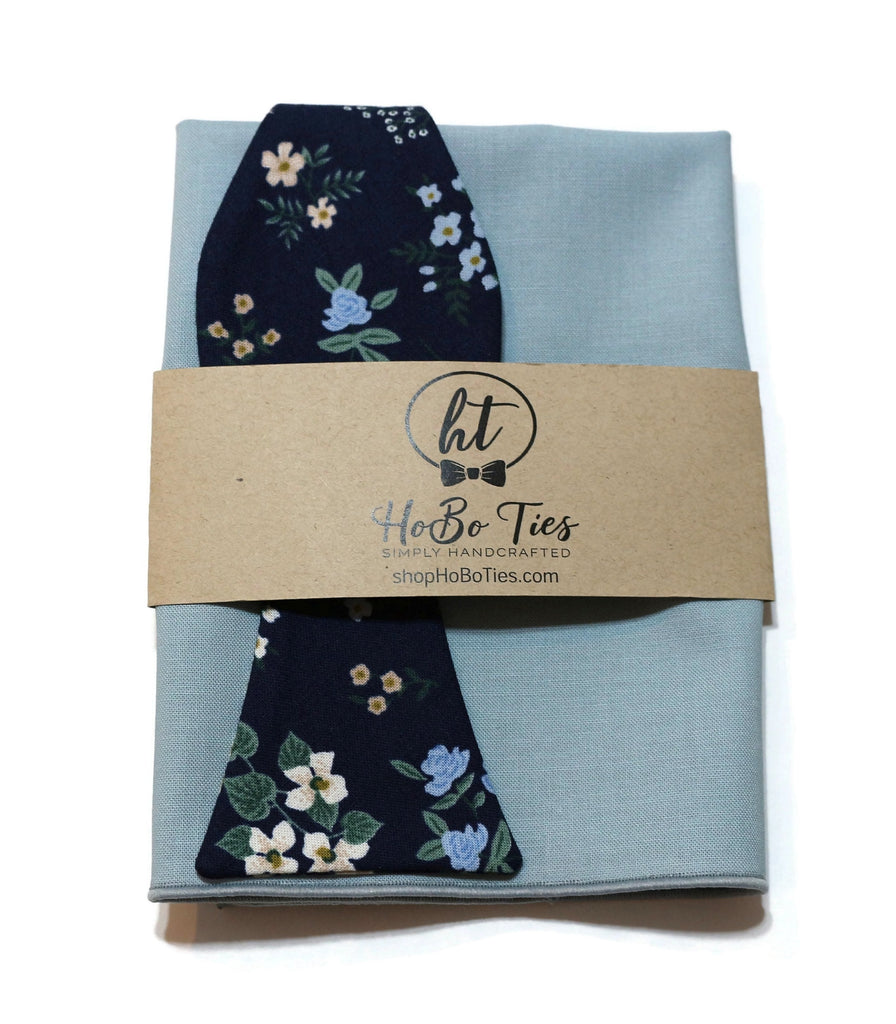 Navy Hawthorne Floral Bow Tie with matching pocket square, handcrafted neckties by Hobo Ties, perfect for weddings and formal wear.