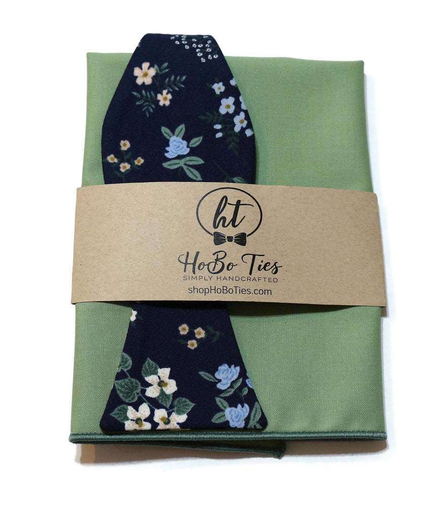 Navy Hawthorne Floral Bow Tie with coordinating pocket square in green, handcrafted neckties for stylish men.