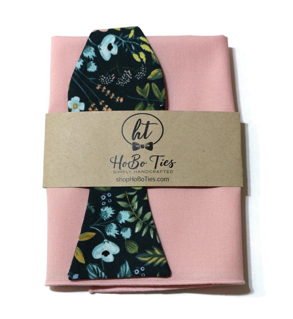 Navy Amalfi Floral Bow Tie and pink pocket square, handmade accessories for men.