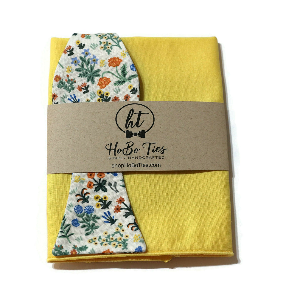 Cream Menagerie Garden Floral Bow Tie with matching pocket square, handcrafted men’s accessories USA.