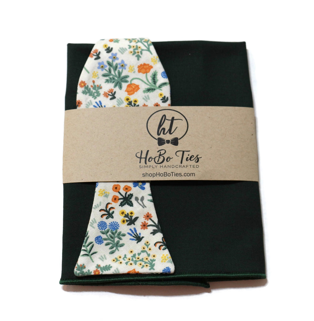 Cream Menagerie Garden Floral Bow Tie with green pocket square packaging, handcrafted neckties for men.