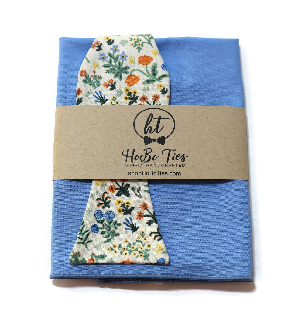 Cream Menagerie Garden Floral Bow Tie with coordinating pocket square, handmade neckties for men, and boys, unique patterns.