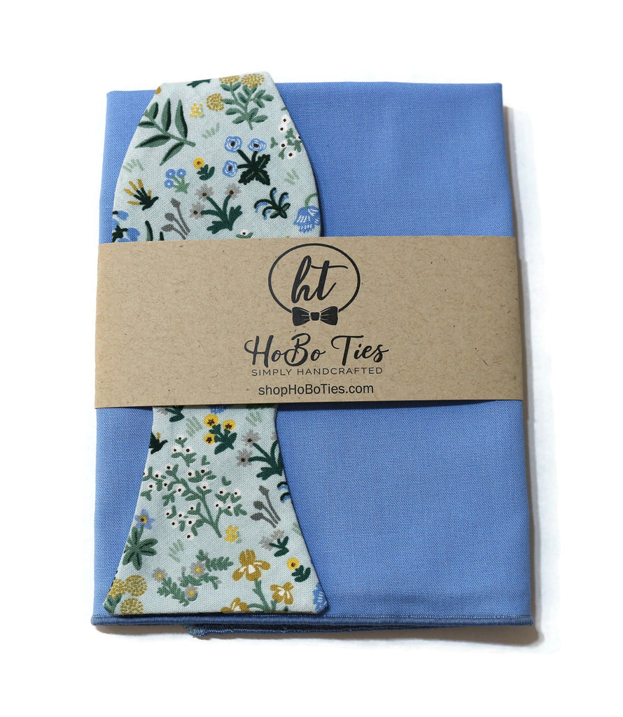 Mint Menagerie Garden Floral Bow Tie with matching blue pocket square showcasing unique floral design.