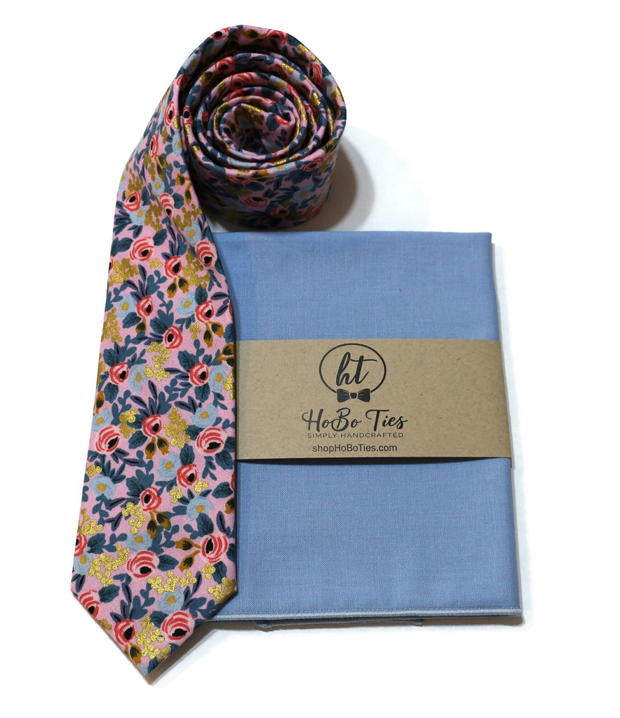 Violet Metallic Rosa Floral Necktie with matching pocket square, handcrafted neckties for men and boys formal wear accessories.