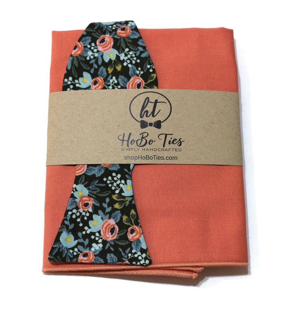 Hunter Rosa Floral Bow Tie with pocket square, handcrafted neckties for men and boys, unique floral patterns.
