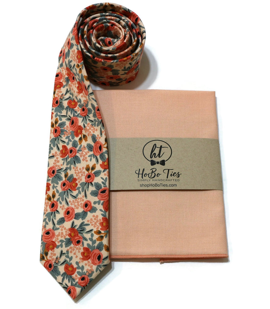 Peach Rosa Floral Necktie and matching pocket square, handcrafted men’s accessories, wedding neckwear set men.