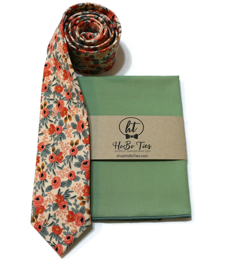 Peach Rosa Floral Necktie with pocket square, handcrafted neckties, and floral patterns for men's formal wear.