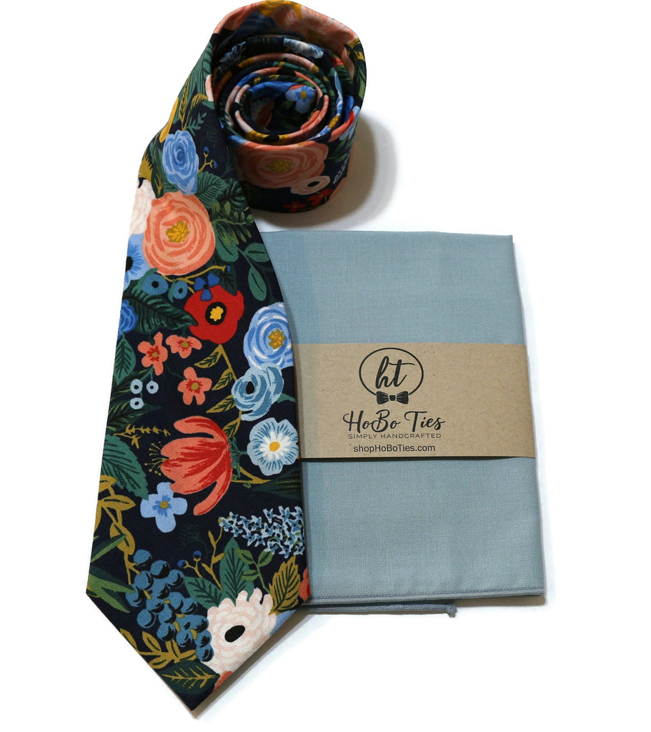 Navy Garden Party Floral Necktie with matching pocket square, handcrafted neckties and unique bow tie patterns.