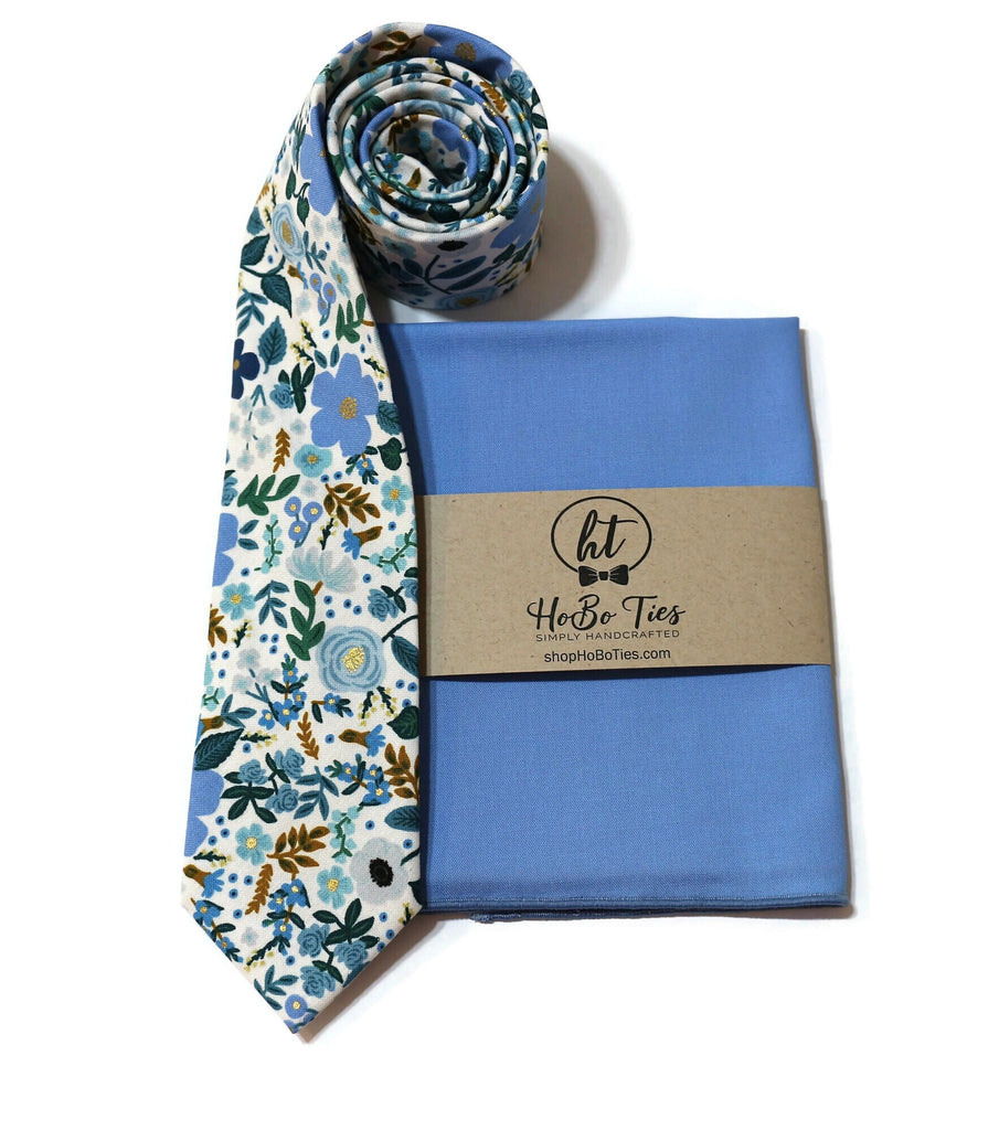 Blue Wild Rose Floral Necktie with matching pocket square, handcrafted neckties and floral designs for men's formal wear accessories.