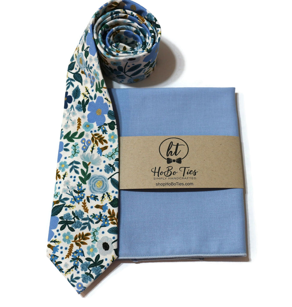 Blue Wild Rose Floral Necktie with matching pocket square, handcrafted neckties for men and boys, unique wedding accessories.