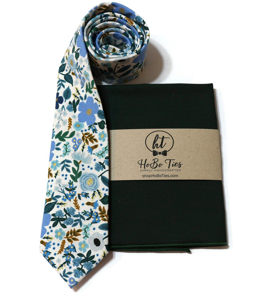 Blue Wild Rose Floral Necktie with matching pocket square, handcrafted neckties for men and boys, unique floral patterns.