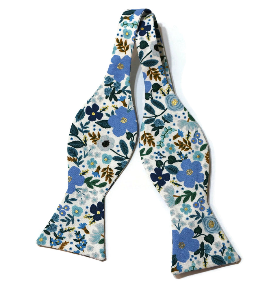Blue Wild Rose Floral Bow Tie featuring floral patterns, perfect for weddings and formal occasions, handmade men's accessories.