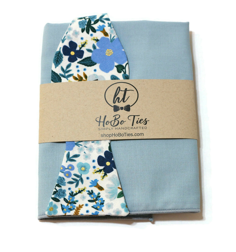 Blue Wild Rose Floral Bow Tie with matching pocket square, handcrafted neckties for men in floral design.