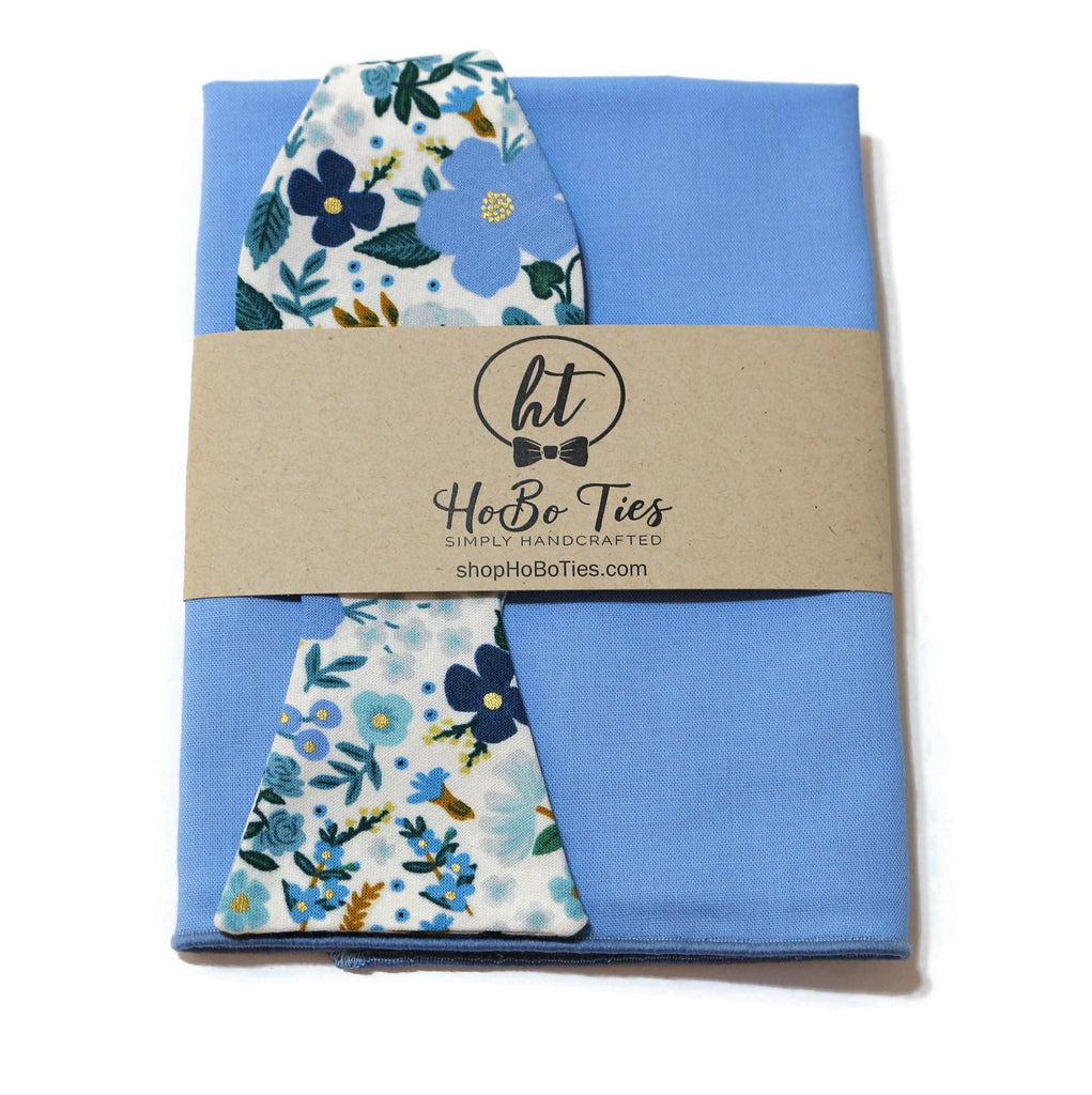 Blue Wild Rose Floral Bow Tie paired with a blue pocket square, handcrafted neckwear for men and boys.