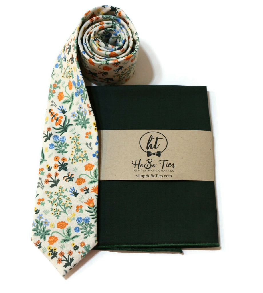 Cream Menagerie Garden Floral Necktie with matching fabric and floral design, handcrafted neckties for men.