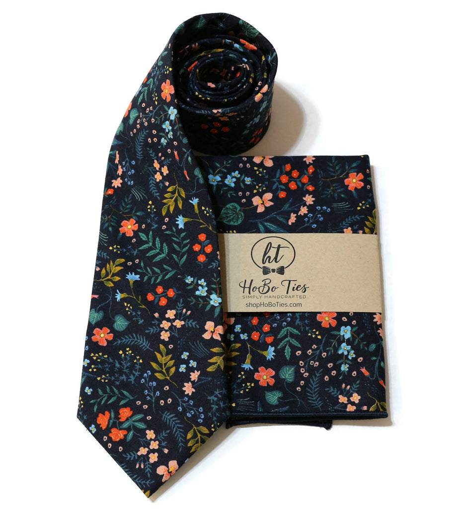 Navy Metallic Wildwood Floral Necktie, handcrafted neckties, handmade bow ties, unique floral patterns.