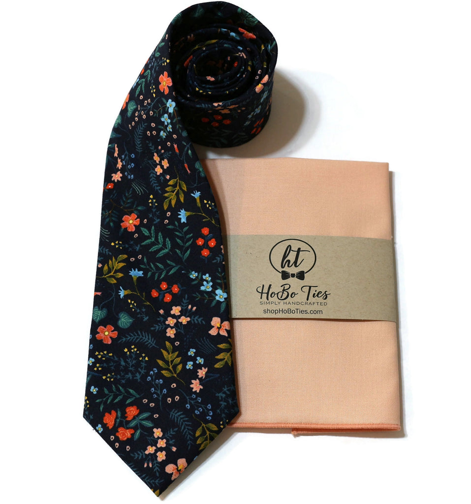 Navy Metallic Wildwood Floral Necktie with coordinating pocket square, perfect for formal wear accessories men.