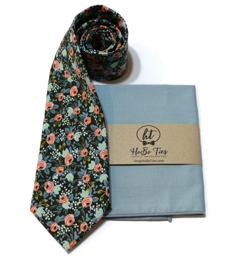 Hunter Rosa Floral Necktie featuring floral design with coordinating pocket square and tie roll. Handmade neckwear for men.