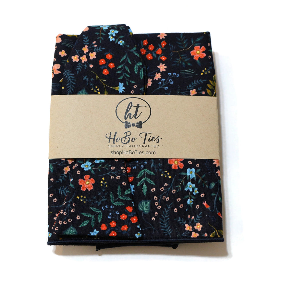 Navy Metallic Wildwood Floral Bow Tie handcrafted neckties for men, unique floral patterns, handmade accessories USA.