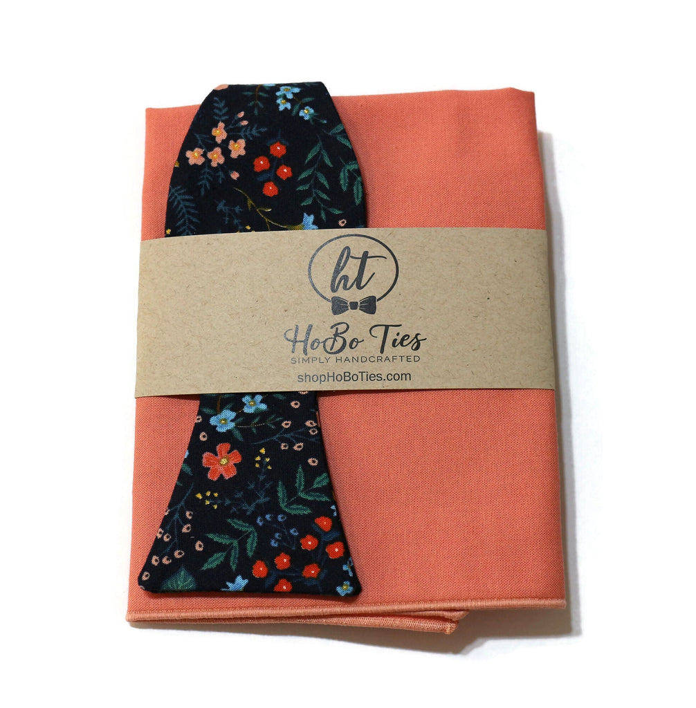 Navy Metallic Wildwood Floral Bow Tie with matching pocket square for men, handcrafted neckties and accessories.