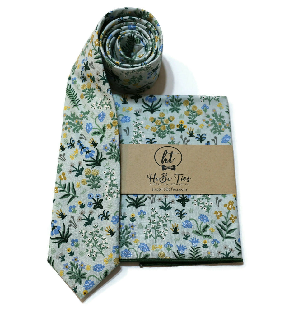 Mint Menagerie Garden Floral Necktie featuring a colorful floral pattern, perfect for handcrafted neckties and formal wear.