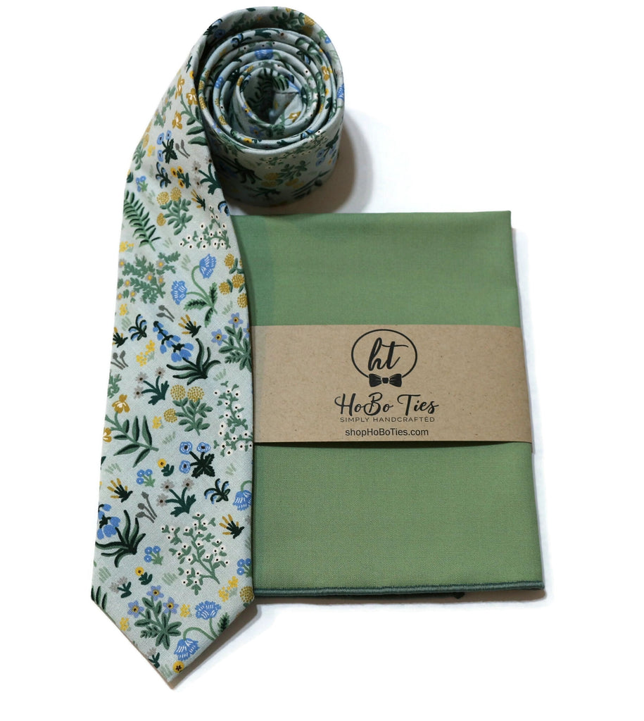 Mint Menagerie Garden Floral Necktie with matching pocket square, handcrafted neckties for men and boys.