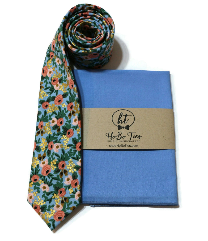 Chambray Metallic Rosa Floral Necktie with matching pocket square, handcrafted neckties and accessories for men.
