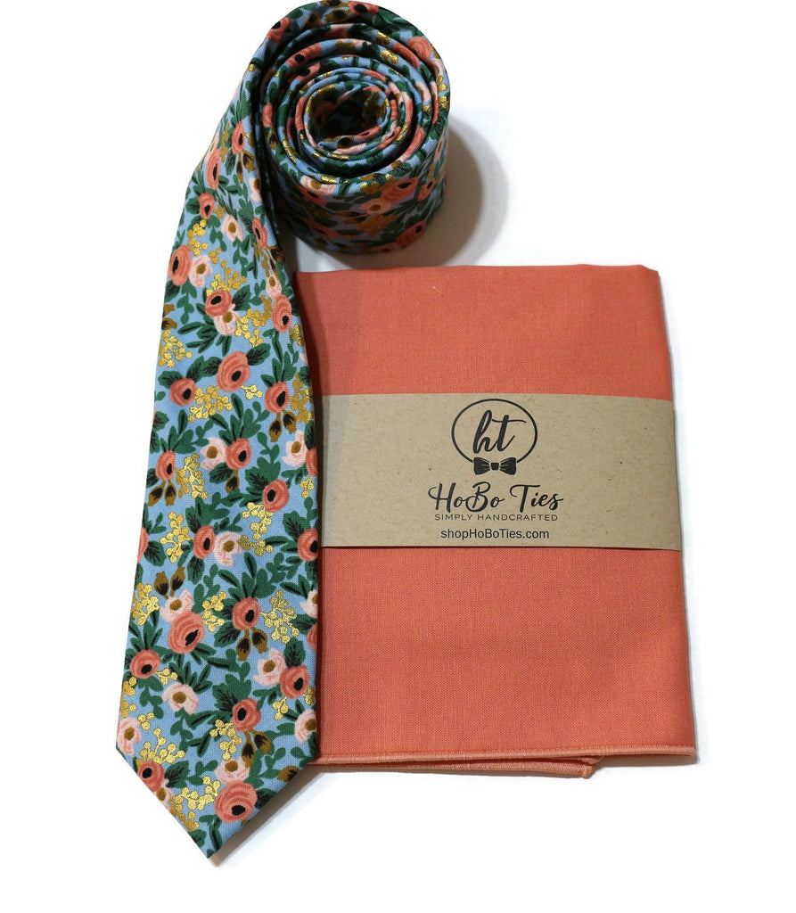 Chambray Metallic Rosa Floral Necktie with coordinating pocket square in handmade floral design.