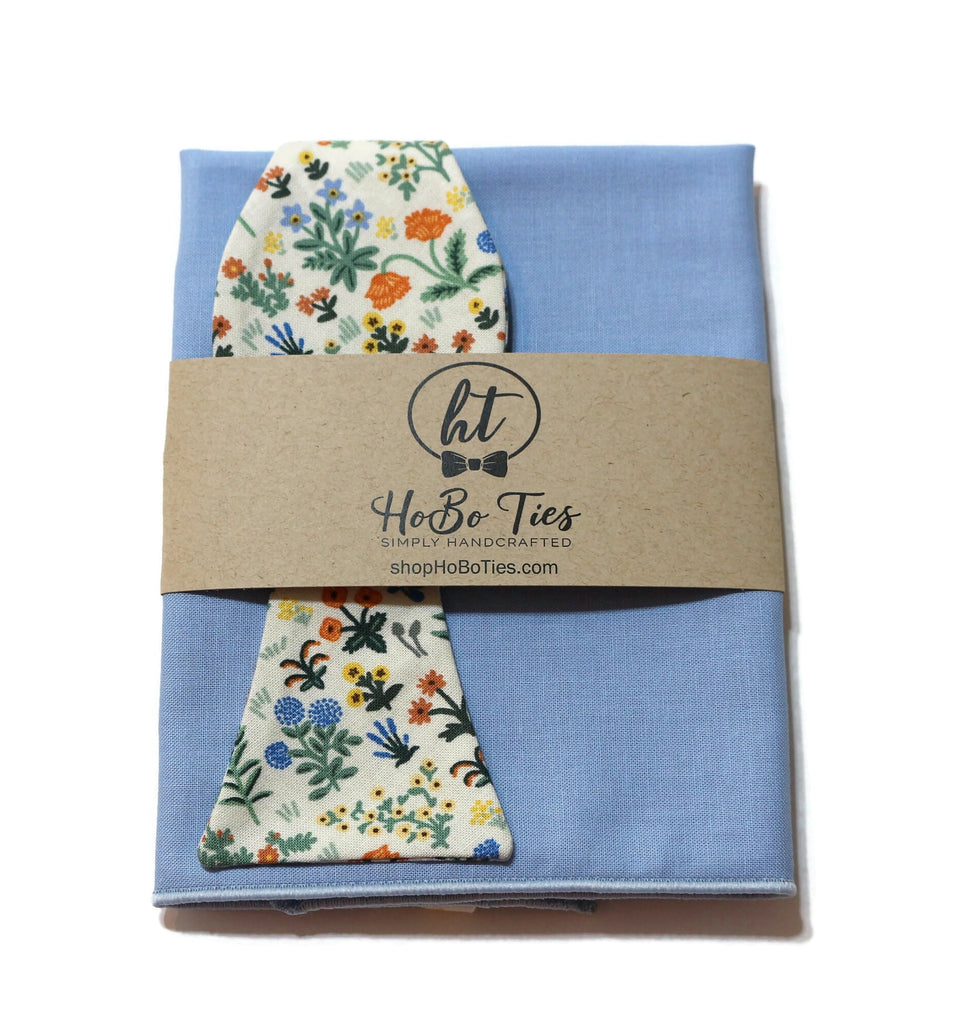 Cream Menagerie Garden Floral Bow Tie displayed with matching pocket square for men, handcrafted neckties and accessories.