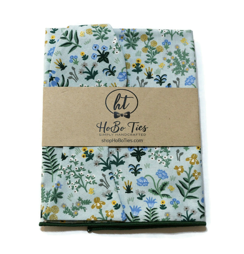Mint Menagerie Garden Floral Bow Tie with matching pocket square, handcrafted neckties for men and boys.