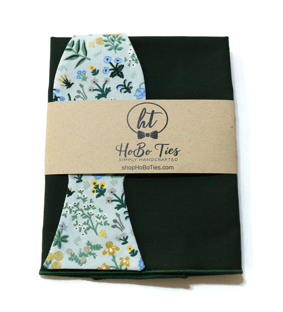 Mint Menagerie Garden Floral Bow Tie with linen tie and floral pattern detail, perfect for weddings and handcrafted accessories.