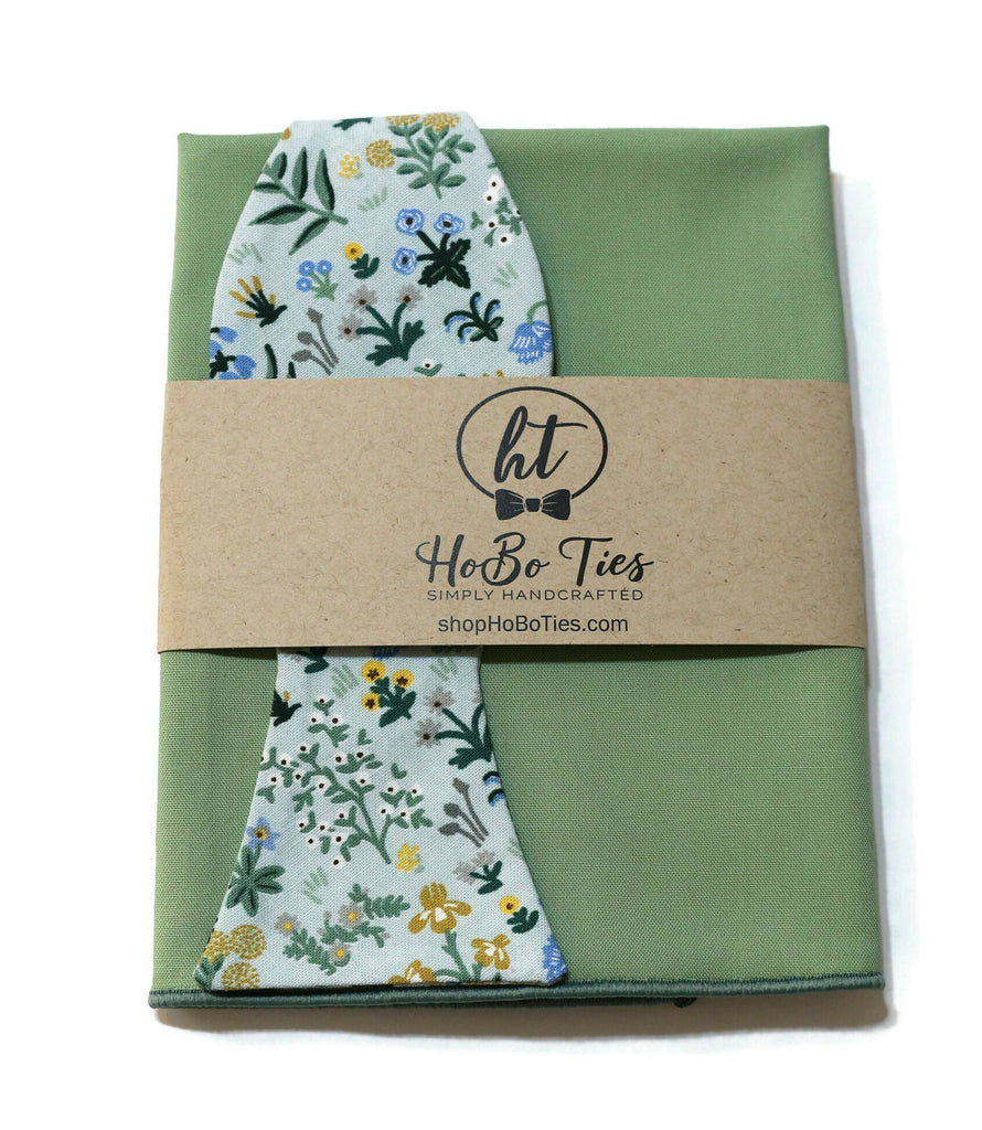 Mint Menagerie Garden Floral Bow Tie with matching pocket square, handcrafted neckties for men, unique floral patterns.