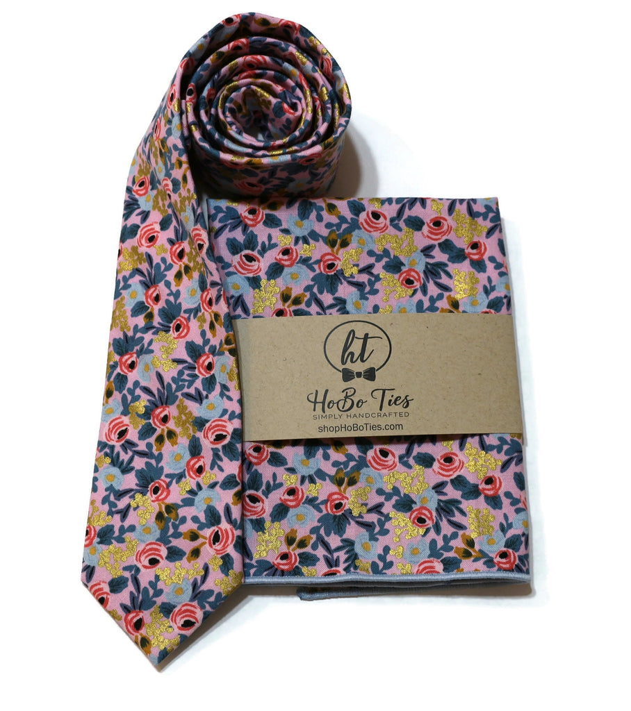 Violet Metallic Rosa Floral Necktie with coordinating pocket square, handcrafted neckties for men, wedding accessories for men.