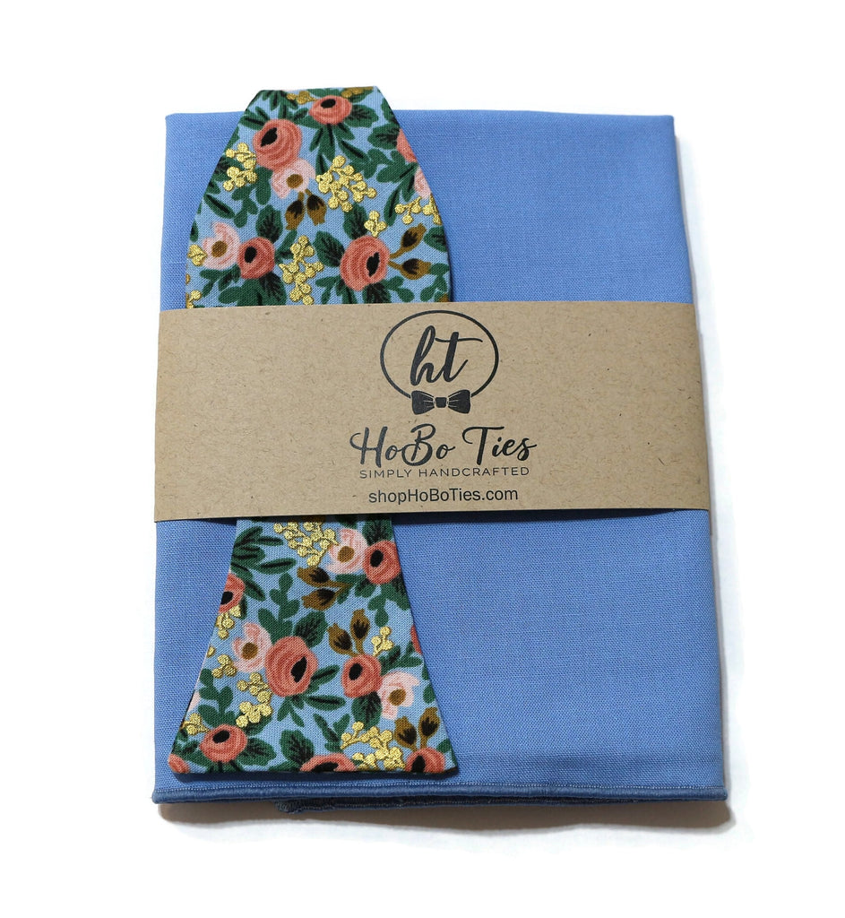 Chambray Metallic Rosa Floral Bow Tie with floral pattern and blue fabric by HoBo Ties, handcrafted neckties and accessories.