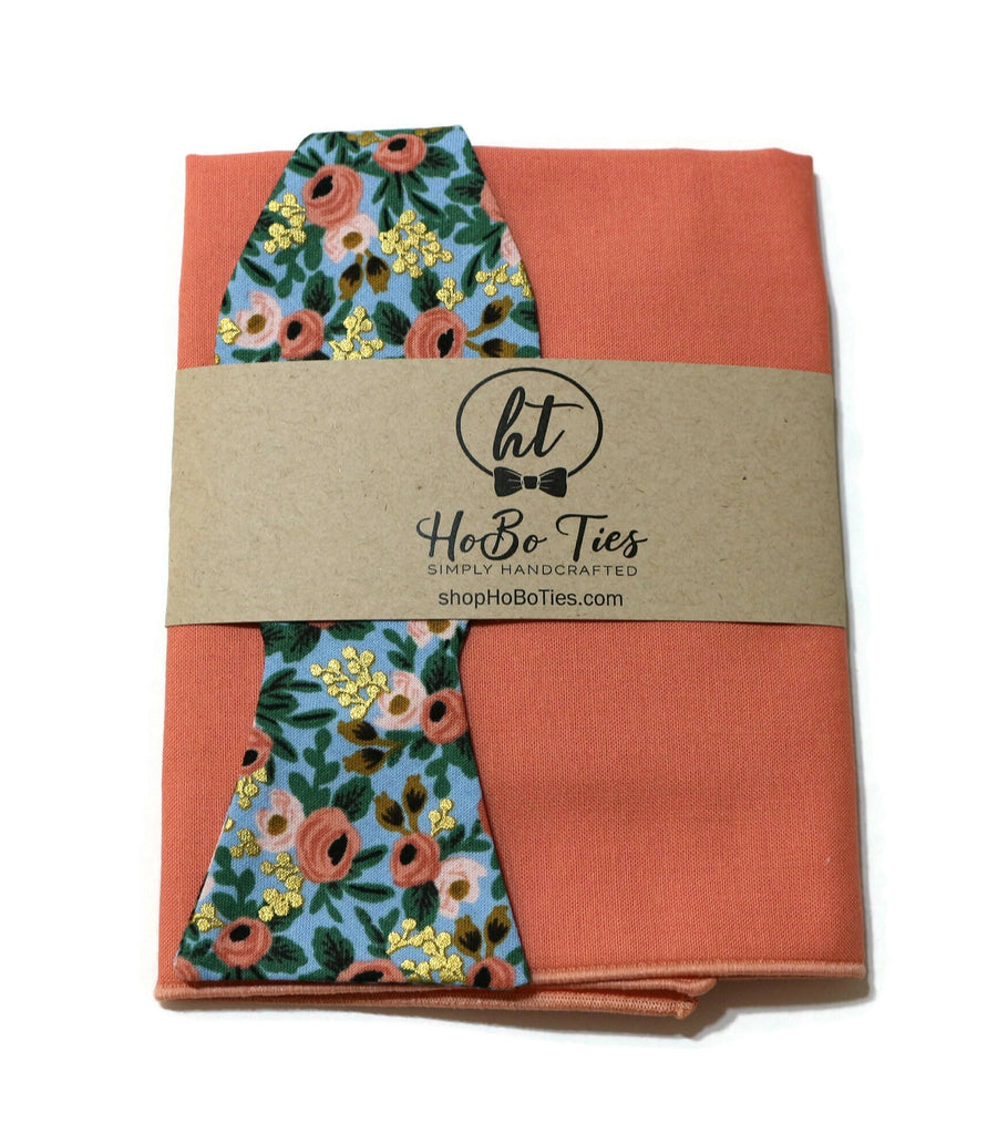 Chambray Metallic Rosa Floral Bow Tie with matching pocket square for men, handcrafted neckties and men’s accessories.