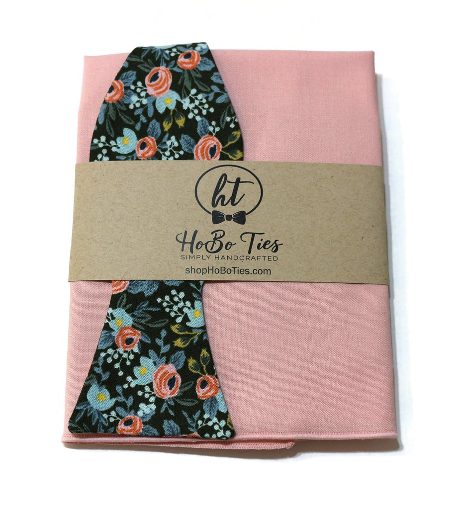 Hunter Rosa Floral Bow Tie displayed with a pink pocket square, showcasing unique floral patterns and handcrafted quality.
