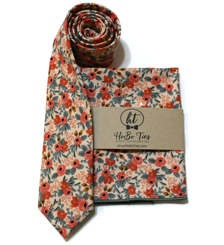 Peach Rosa Floral Necktie, handcrafted neckties, men’s neckties, unique bow tie patterns, wedding accessories for men.