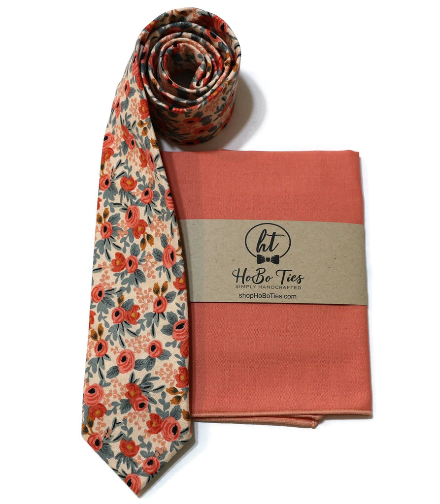 Peach Rosa Floral Necktie with matching pocket square, handcrafted neckties and men’s accessories for formal wear.