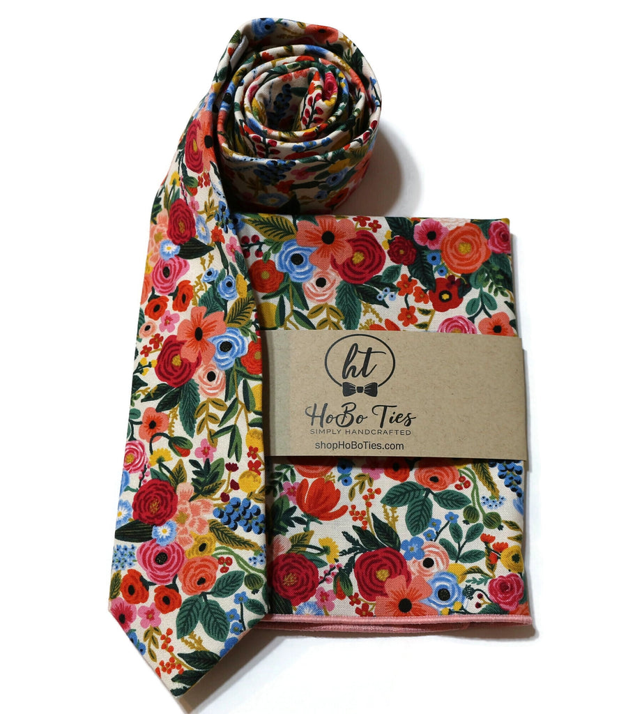 Cream Garden Party Petite Floral Necktie with matching pocket square, perfect for handmade men's accessories.