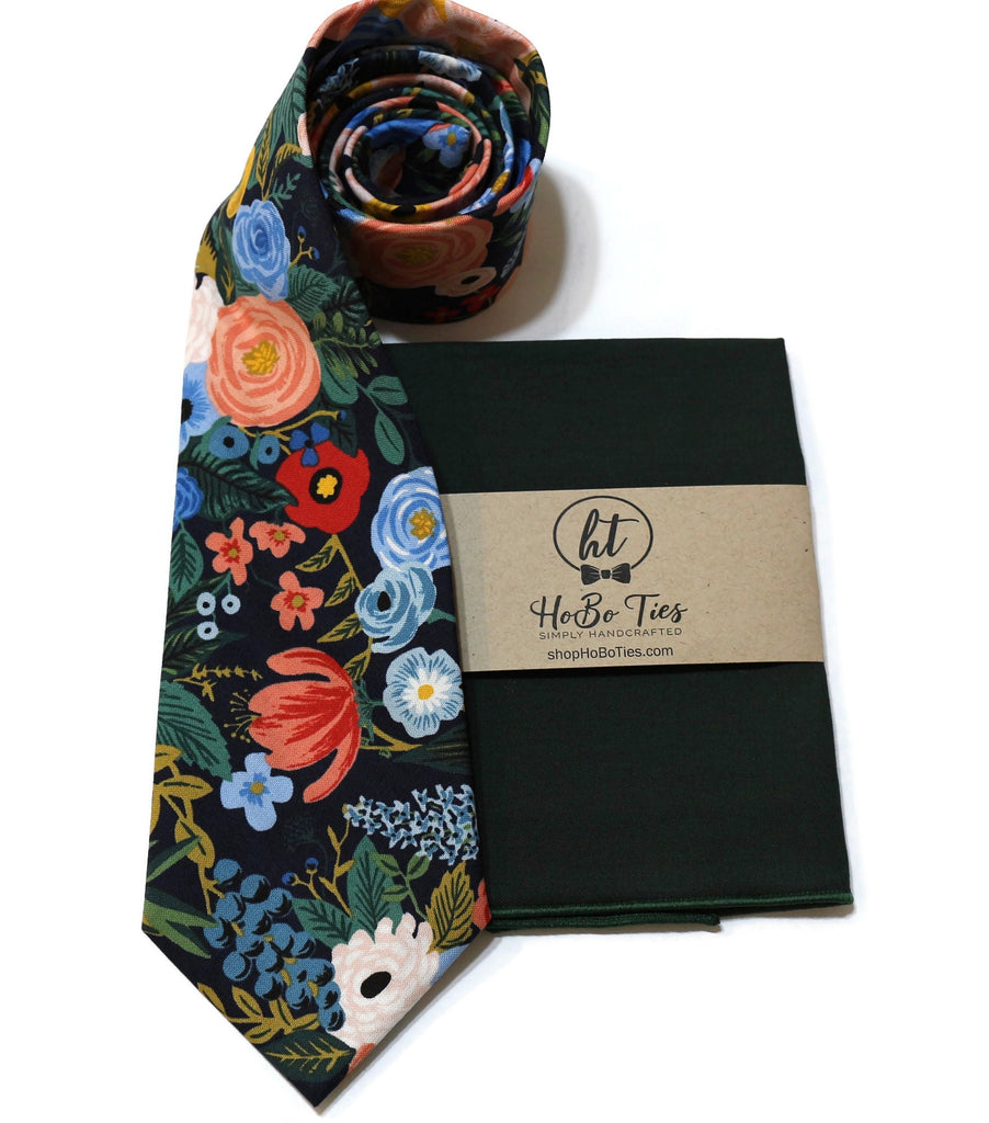 Navy Garden Party Floral Necktie with matching pocket square, handcrafted neckties for men and boys, unique floral design.