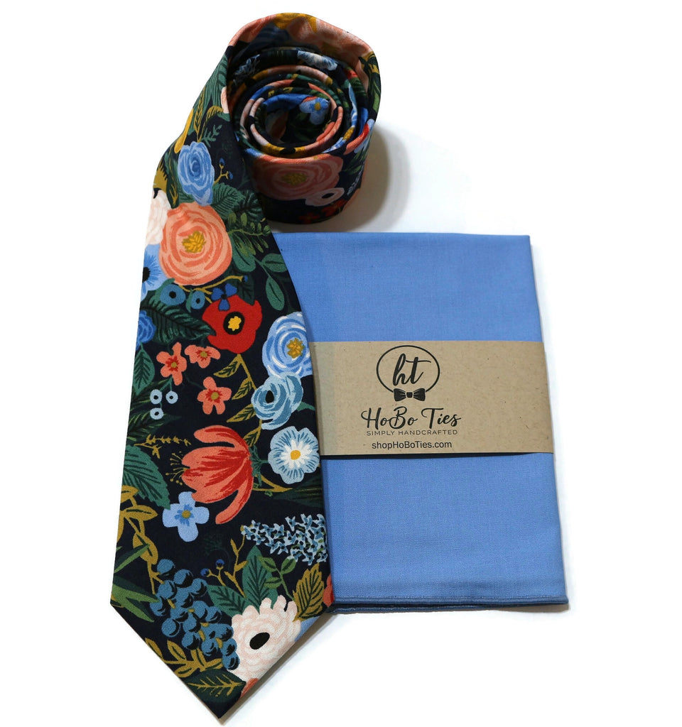 Navy Garden Party Floral Necktie with matching pocket square, handcrafted neckties for men.