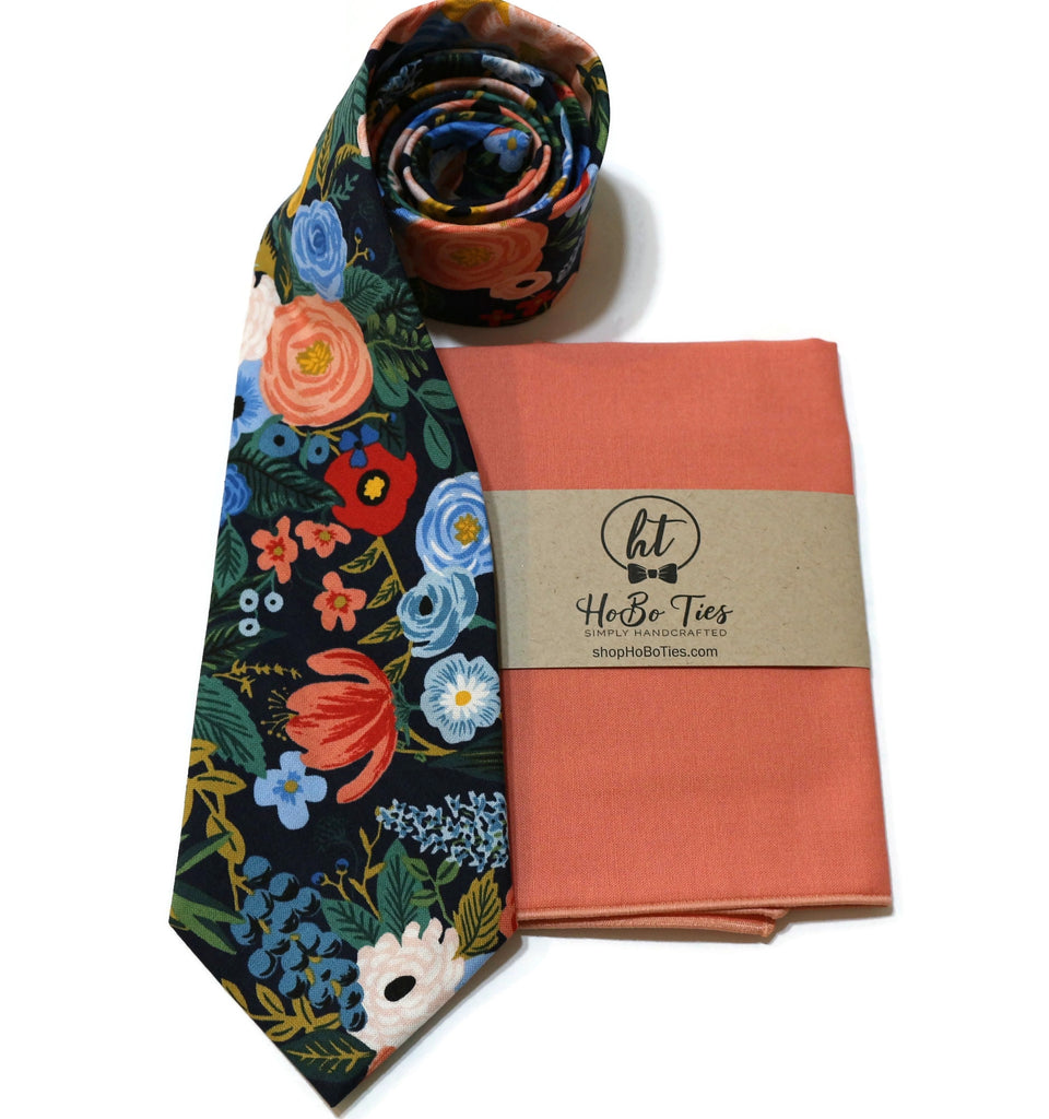 Navy Garden Party Floral Necktie with matching pocket square, handcrafted neckties and men's wedding accessories collection.