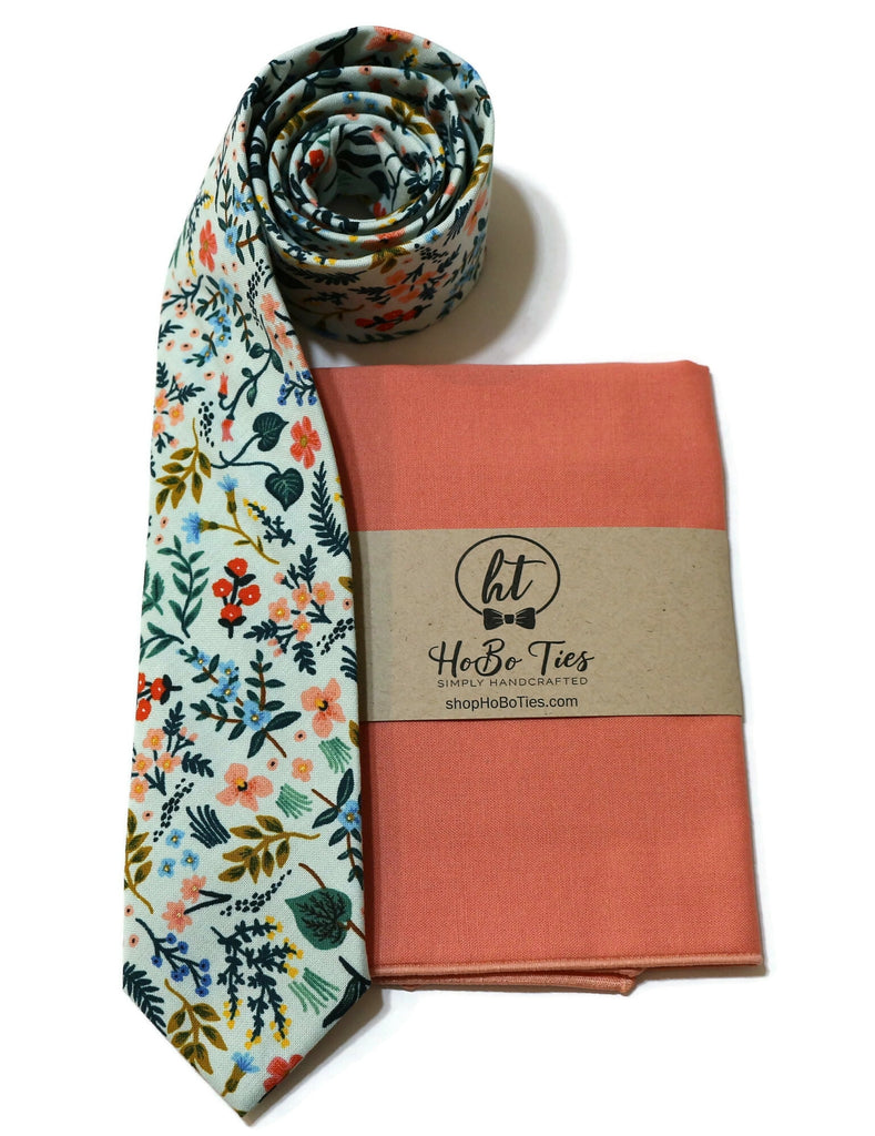 Mint Metallic Wildwood Floral Necktie with matching pocket square, handcrafted neckties for men and boys, unique floral design.