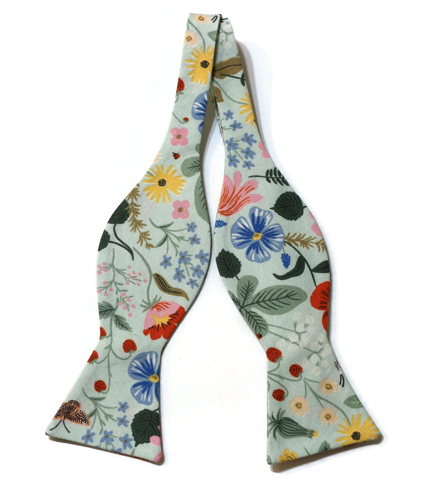 Mint Strawberry Fields Floral Bow Tie, handcrafted neckties with colorful floral patterns for men and boys.