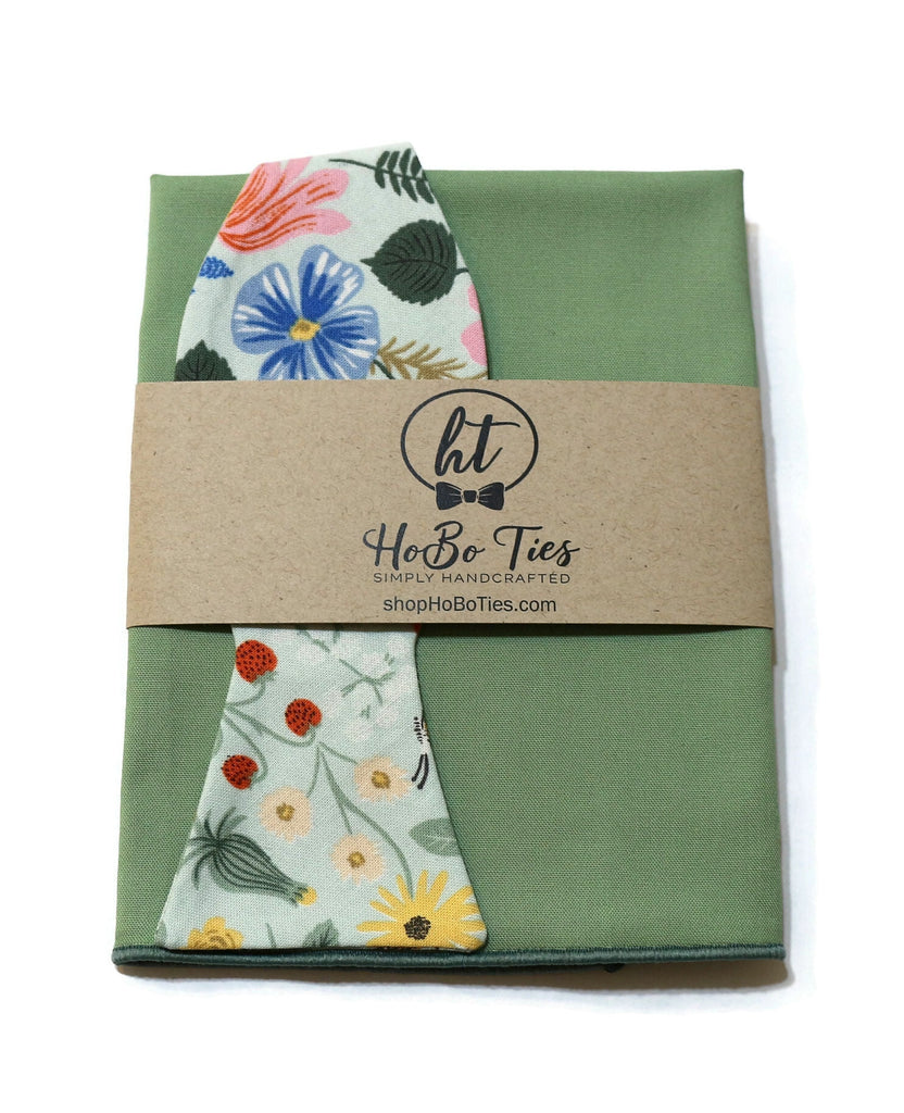 Mint Strawberry Fields Floral Bow Tie with matching pocket square, handcrafted neckties for men and boys.