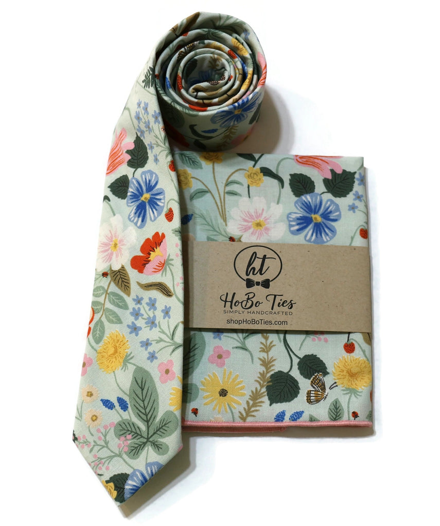 Mint Strawberry Fields Floral Necktie from Hobo Ties, showcasing handcrafted neckties with a vibrant floral design.