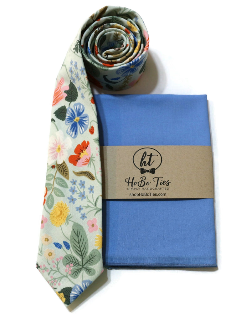 Mint Strawberry Fields Floral Necktie with coordinating pocket square, handcrafted neckties for men.